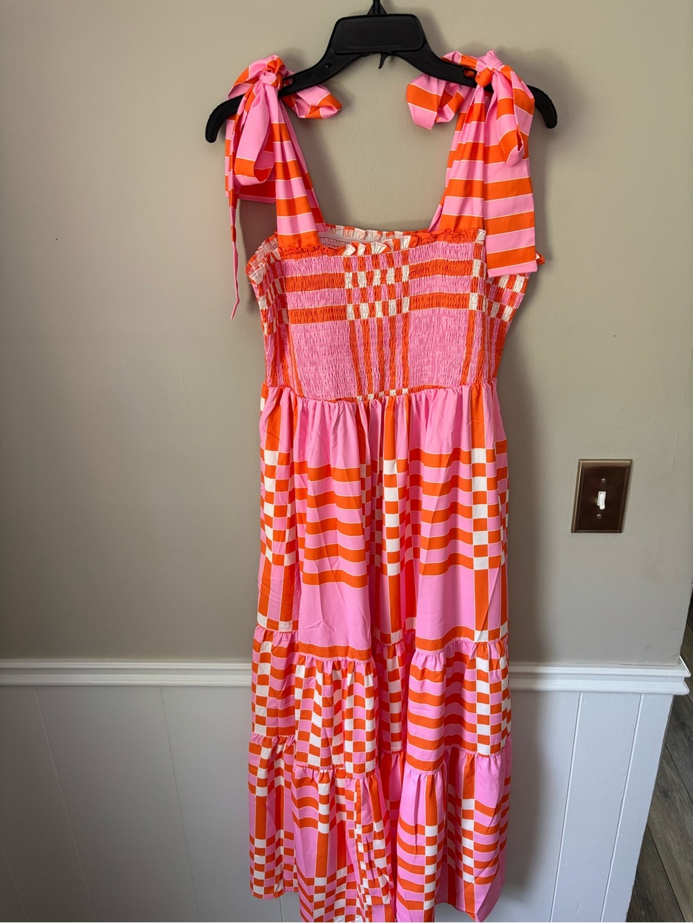 Pink & Orange Tie-Shoulder Smocked Midi Dress